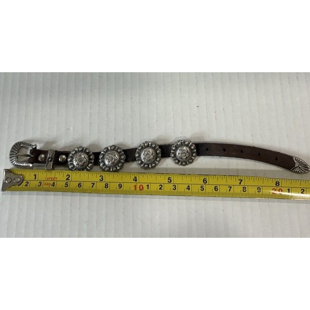 Vintage Brown Leather Western Bracelet Silver Tone Conchos Floral Stamped Buckle - Picture 5 of 6